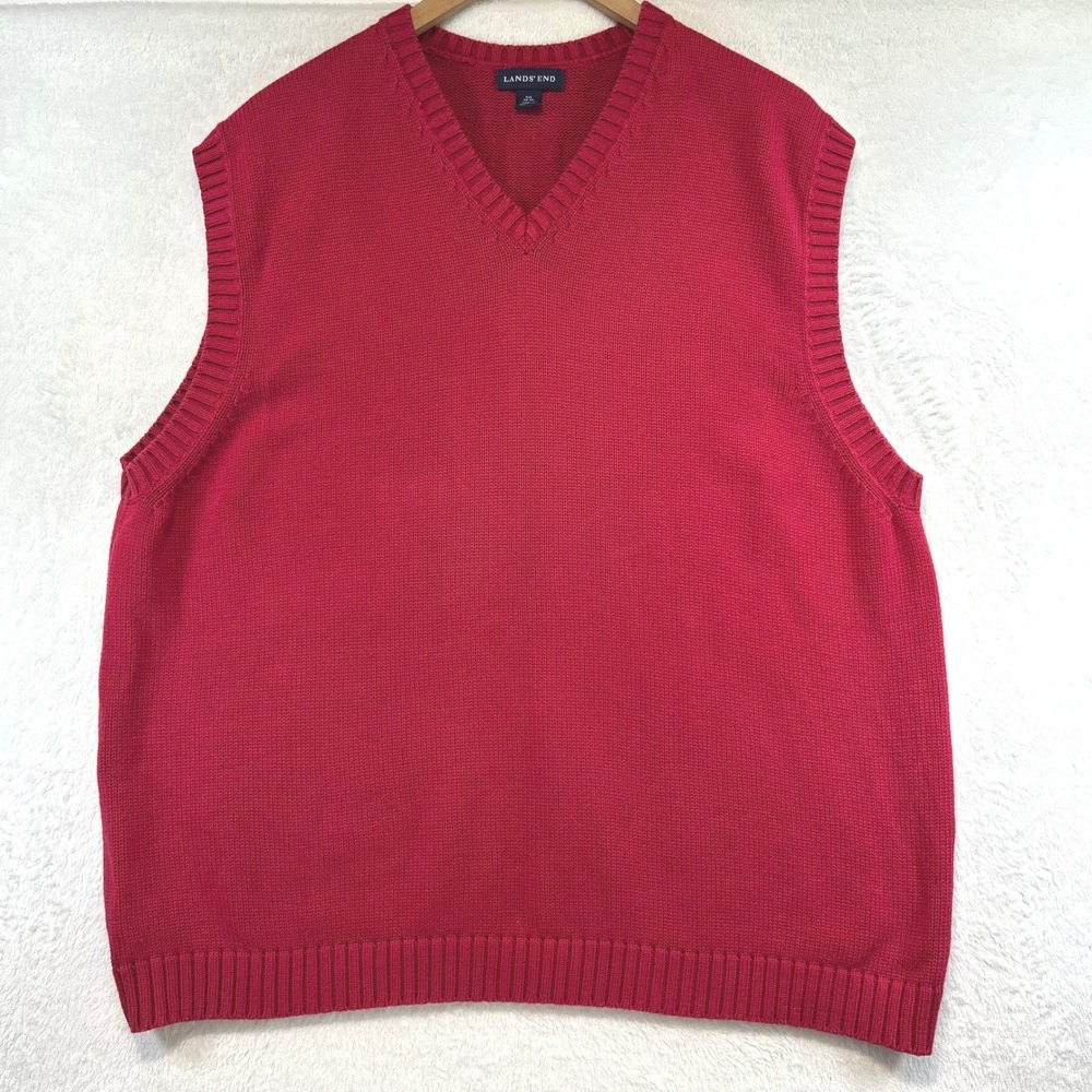 Vintage Lands' End Preppy V-Neck Sweater‎ Vest XXL Crimson Red Cotton Academic